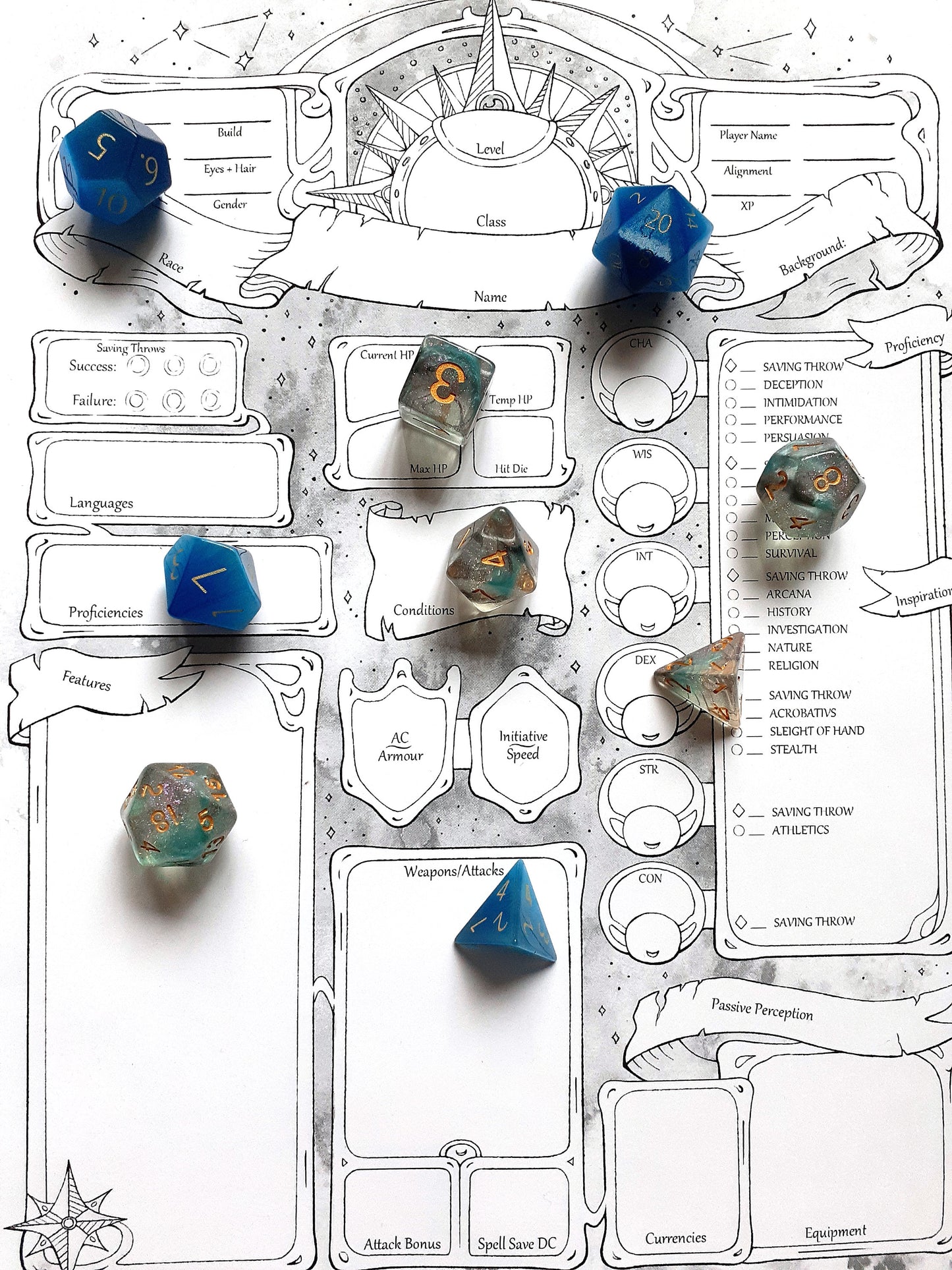 Sunlit Character Sheets - D&D 5e + Give away a Mystery Dice Set