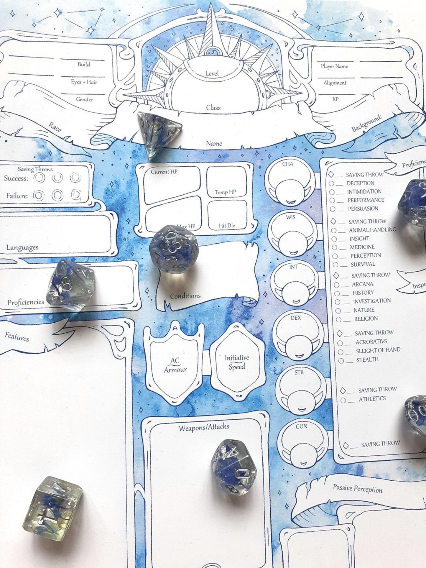 Sunlit Character Sheets - D&D 5e + Give away a Mystery Dice Set