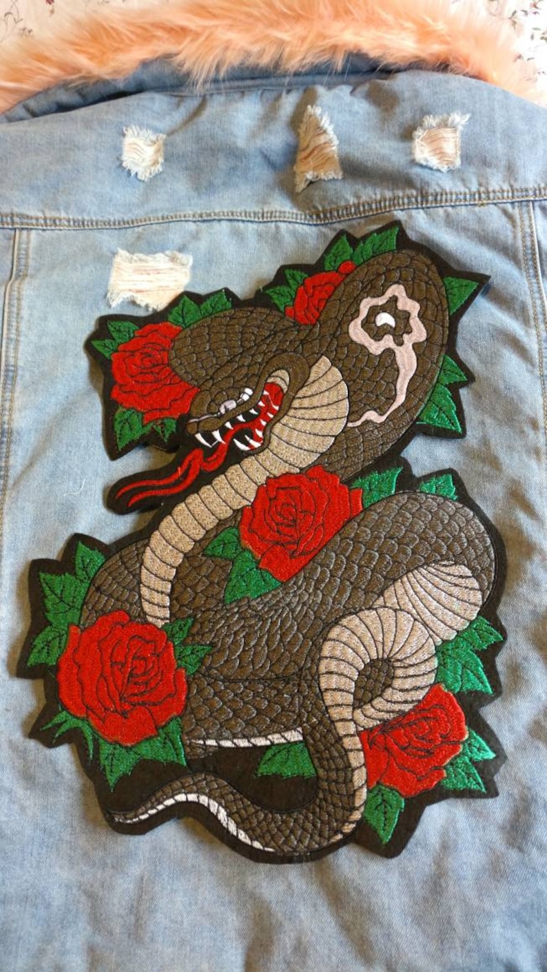 Hiss Off // DIY Snake Embroidered Patch Cobra Punk Metal Large Back Iron Sew On Applique Floral Serpent Roses Motif Biker Aesthetic Gift UK