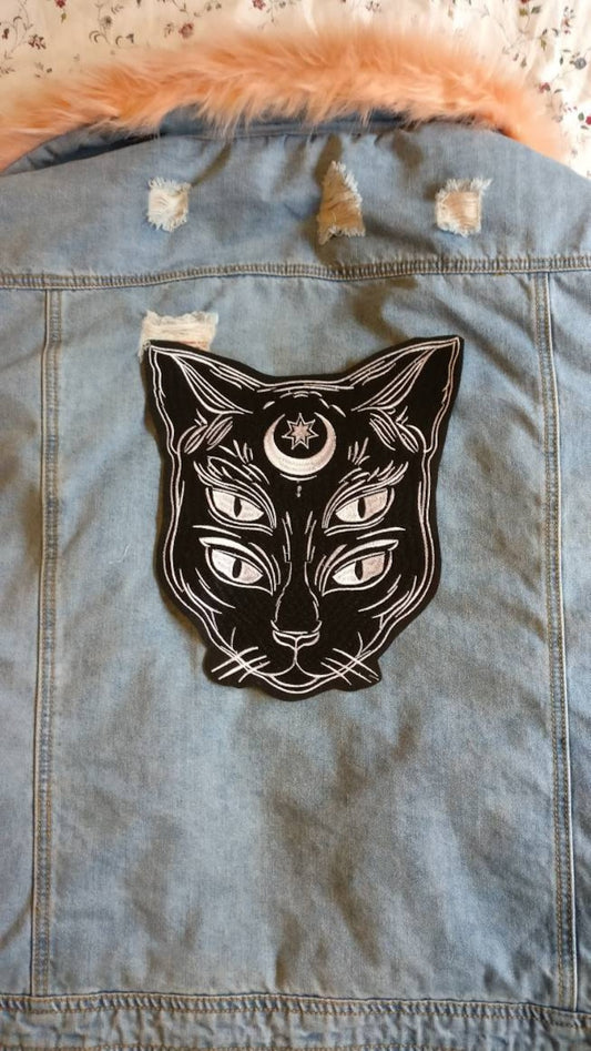 9 Lives // DIY Black Cat Back Patch Large Embroidered Iron Sew On Applique Salem Witch Gothic Punk Metal UK Goth Pagan Occult Moon Aesthetic