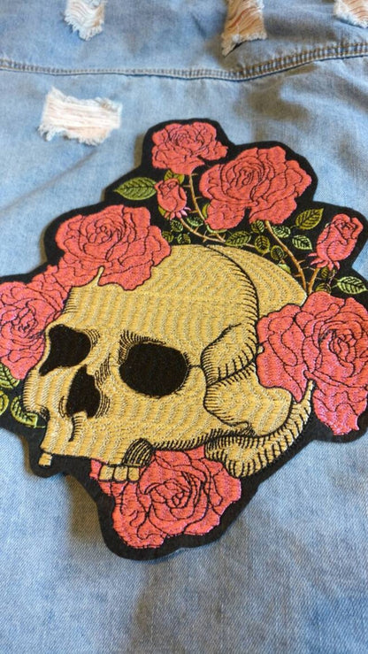 Flourishing Dead // Large DIY Floral Skull Embroidered Iron Sew On Back Patch Punk Metal Cute Rock Applique For Jackets In The UK Roses Gift