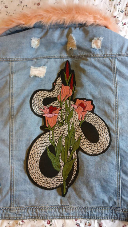 Silver Tongue // Large Back Patch DIY Embroidered Floral Tulips Applique Cute Gift Iron Sew On Badge Punk Metal Snake UK For Jackets Tattoo