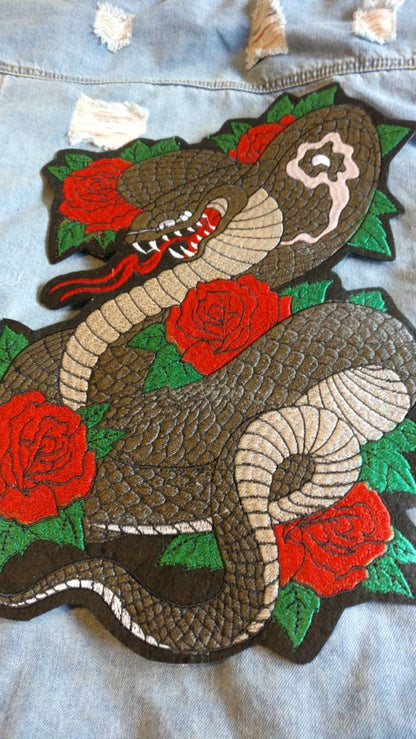 Hiss Off // DIY Snake Embroidered Patch Cobra Punk Metal Large Back Iron Sew On Applique Floral Serpent Roses Motif Biker Aesthetic Gift UK