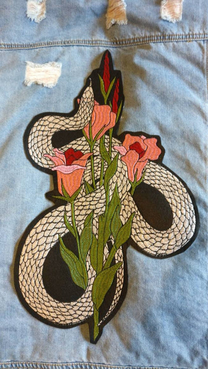 Silver Tongue // Large Back Patch DIY Embroidered Floral Tulips Applique Cute Gift Iron Sew On Badge Punk Metal Snake UK For Jackets Tattoo