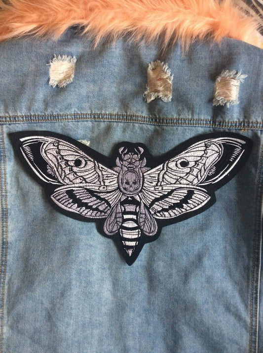 Mothic // Large Deaths Head Hawkmoth DIY Embroidered Iron Sew On Back Patch Gift Horror Craft Badge Aesthetic Punk Metal Applique Motif UK