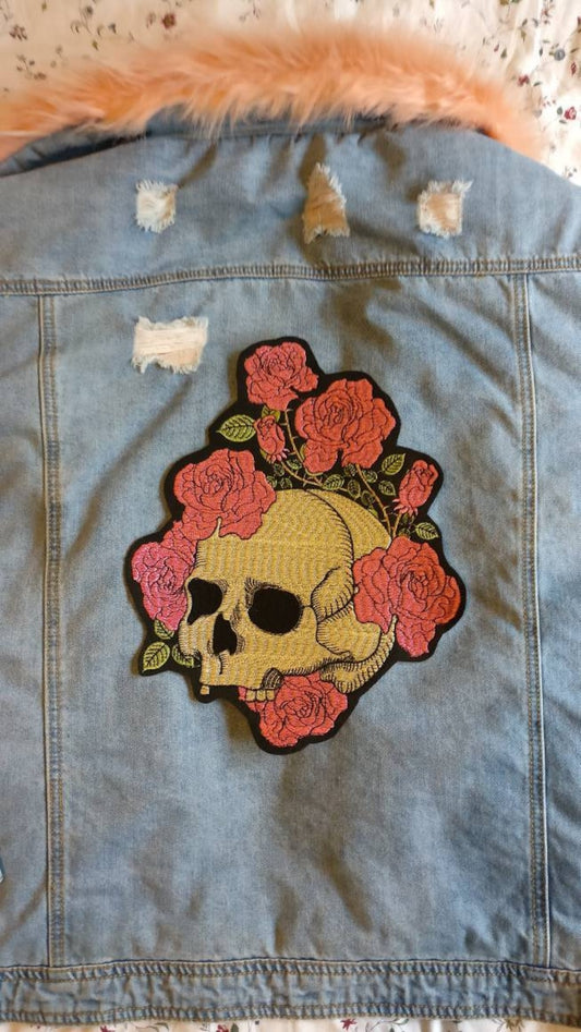 Flourishing Dead // Large DIY Floral Skull Embroidered Iron Sew On Back Patch Punk Metal Cute Rock Applique For Jackets In The UK Roses Gift