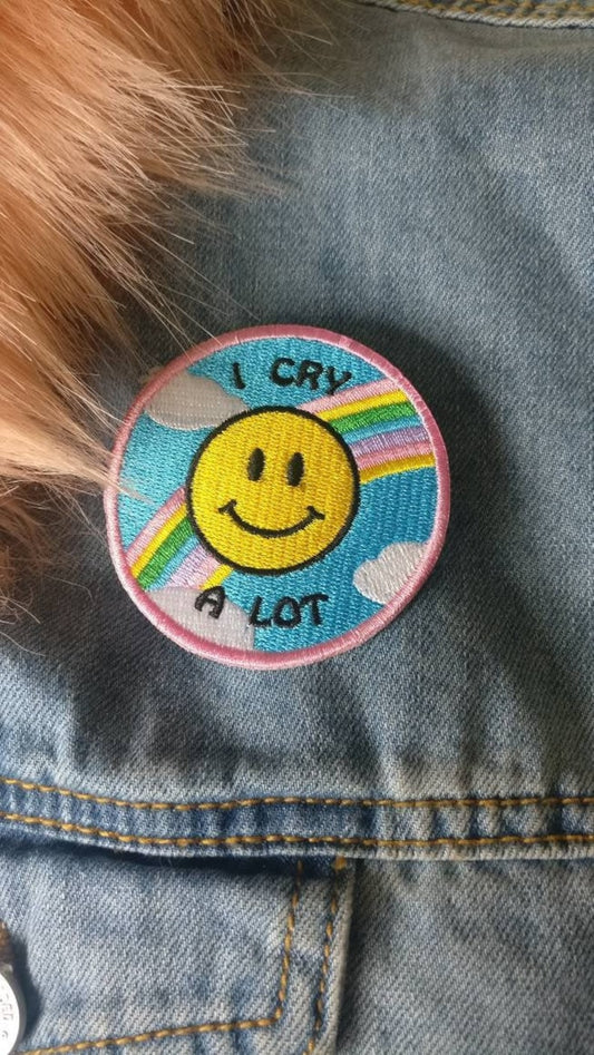 Cry Baby // Smiley Face DIY Embroidered Patch Applique Mental Illness Craft Cute Gift For Her Him Iron Sew On Patches For Jackets UK Rainbow