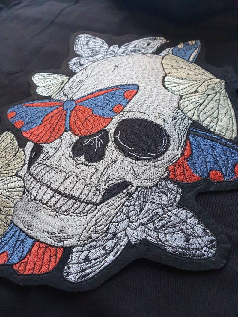 Flying Free // Skull Moth DIY Embroidered Patch Iron Sew On Back Gift  Horror Large Butterfly Craft Aesthetic Punk Metal Applique Motif UK x