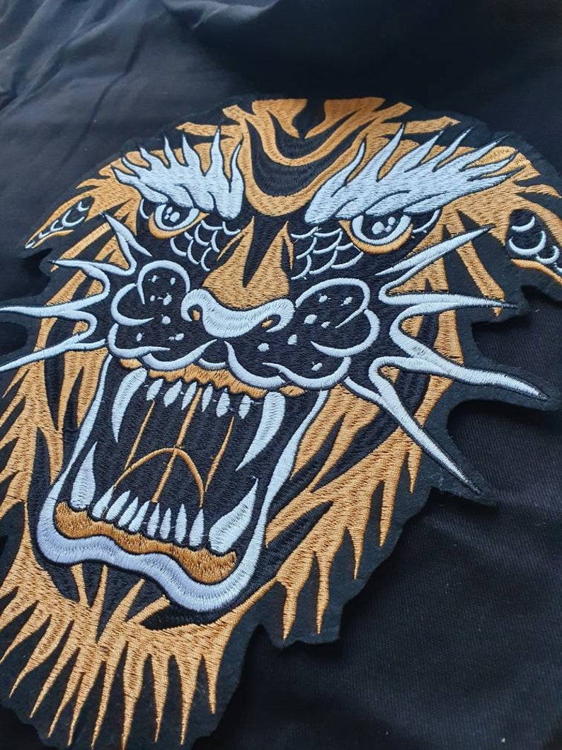 IT'S RAW // DIY Tiger Embroidered Patch Lion Punk Large Back Iron Sew On Applique Tattoo Style Trad Metal Aesthetic Gift Idea For Jackets x