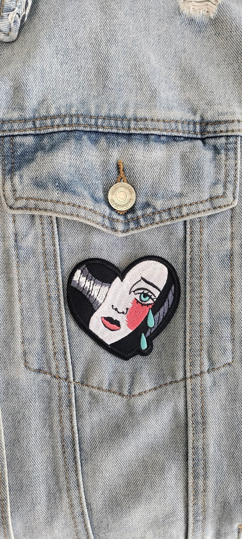 Cry Me A River // Heart DIY Embroidered Iron Sew On Patch Woman Crying Pop Art Trad Tattoo Style Aesthetic Goth Applique Craft Motif Gift x