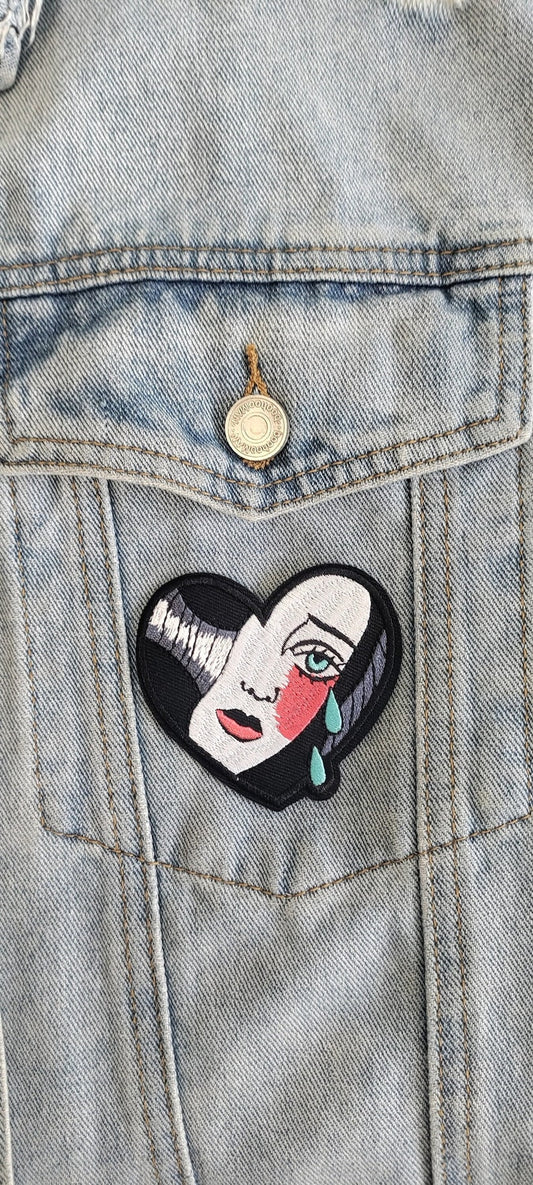 Cry Me A River // Heart DIY Embroidered Iron Sew On Patch Woman Crying Pop Art Trad Tattoo Style Aesthetic Goth Applique Craft Motif Gift x