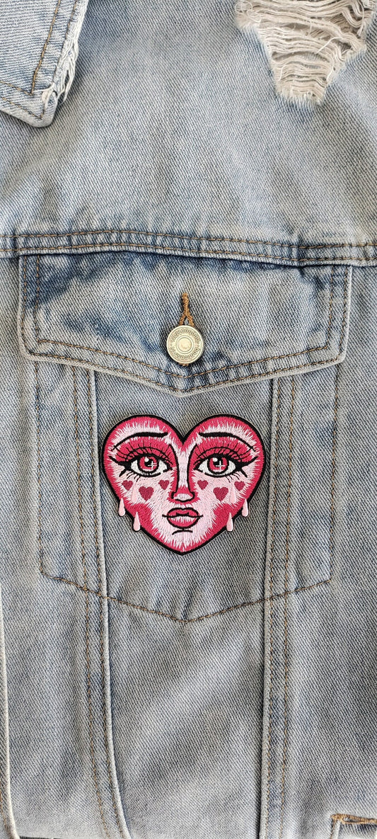 Doll Face // Heart DIY Embroidered Patch Iron Sew On Cartoon Cute Crying Pink Aesthetic Tattoo Style Applique Badge Craft Motif Gift Idea x