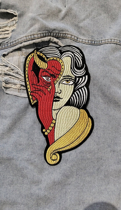 Big Bad Trad // Large DIY Devil Heart Embroidered Iron Sew On Back Patch Gift Craft Badge Aesthetic Punk Metal Applique Motif Woman Mask UK