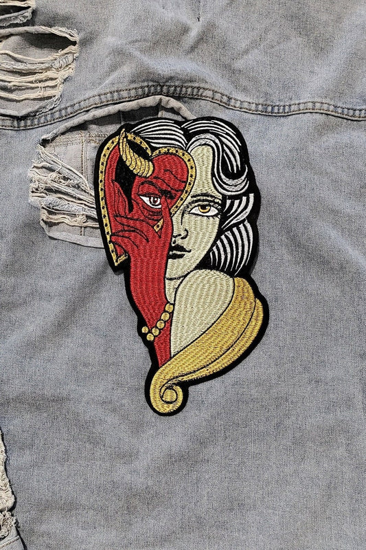 Big Bad Trad // Large DIY Devil Heart Embroidered Iron Sew On Back Patch Gift Craft Badge Aesthetic Punk Metal Applique Motif Woman Mask UK