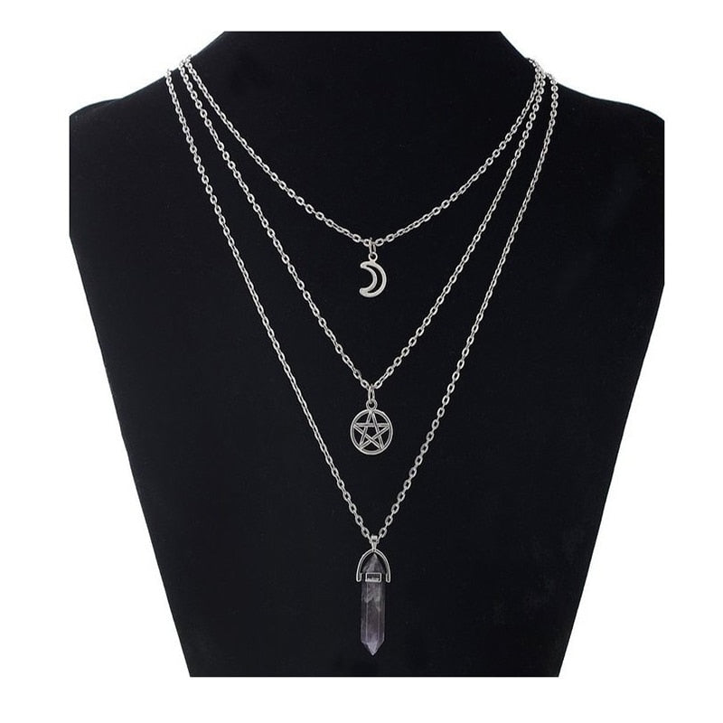 Pentacle Moon Amethyst Triple Necklace