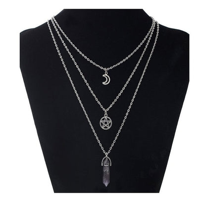 Pentacle Moon Amethyst Triple Necklace