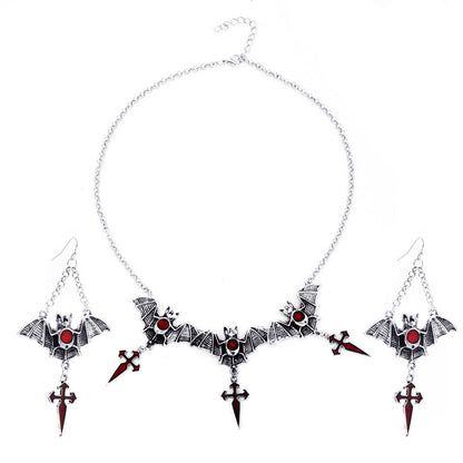 Gothic Bat Cross Pendant Necklace Set
