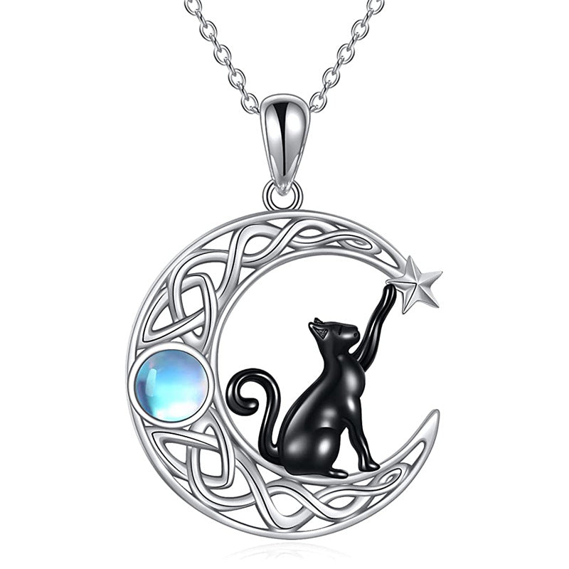 Black Cat Crescent Moonstone Necklace
