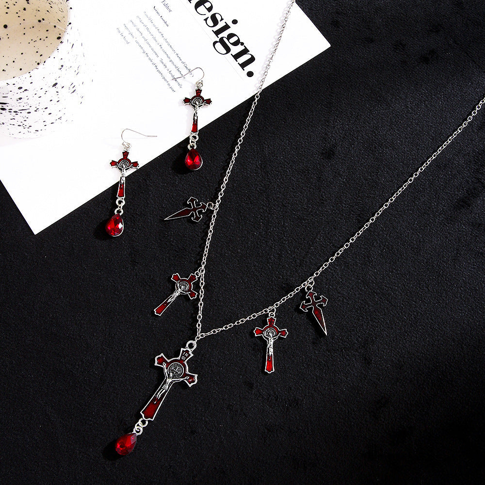 Gothic Bat Cross Pendant Necklace Set
