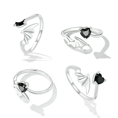 Black Heart Batwing Silver Ring